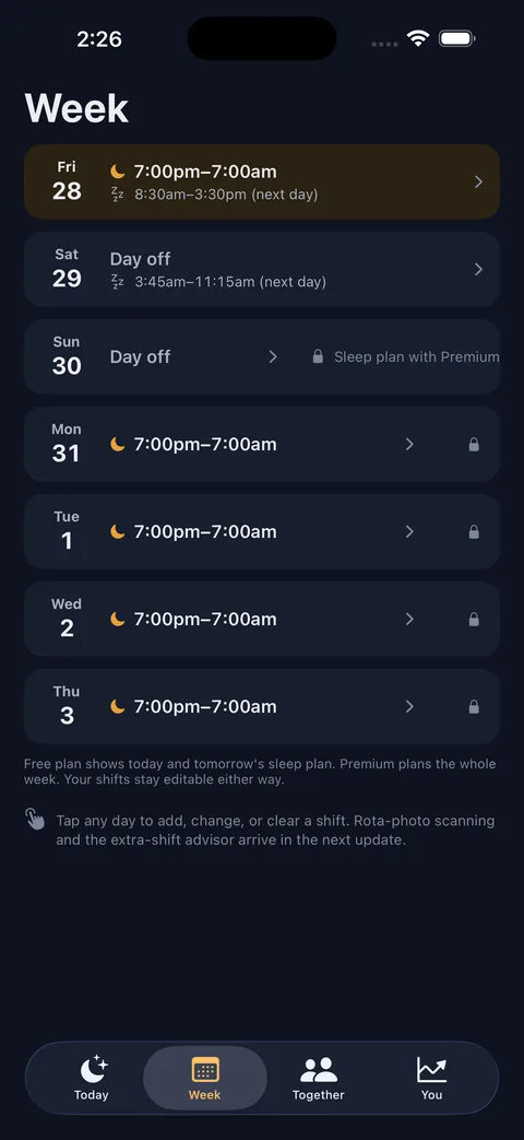 Week screen showing a rotating shift schedule with each day's sleep window and alarms