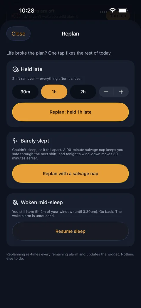 Replan sheet: pick what happened and 3AM rebuilds the rest of today